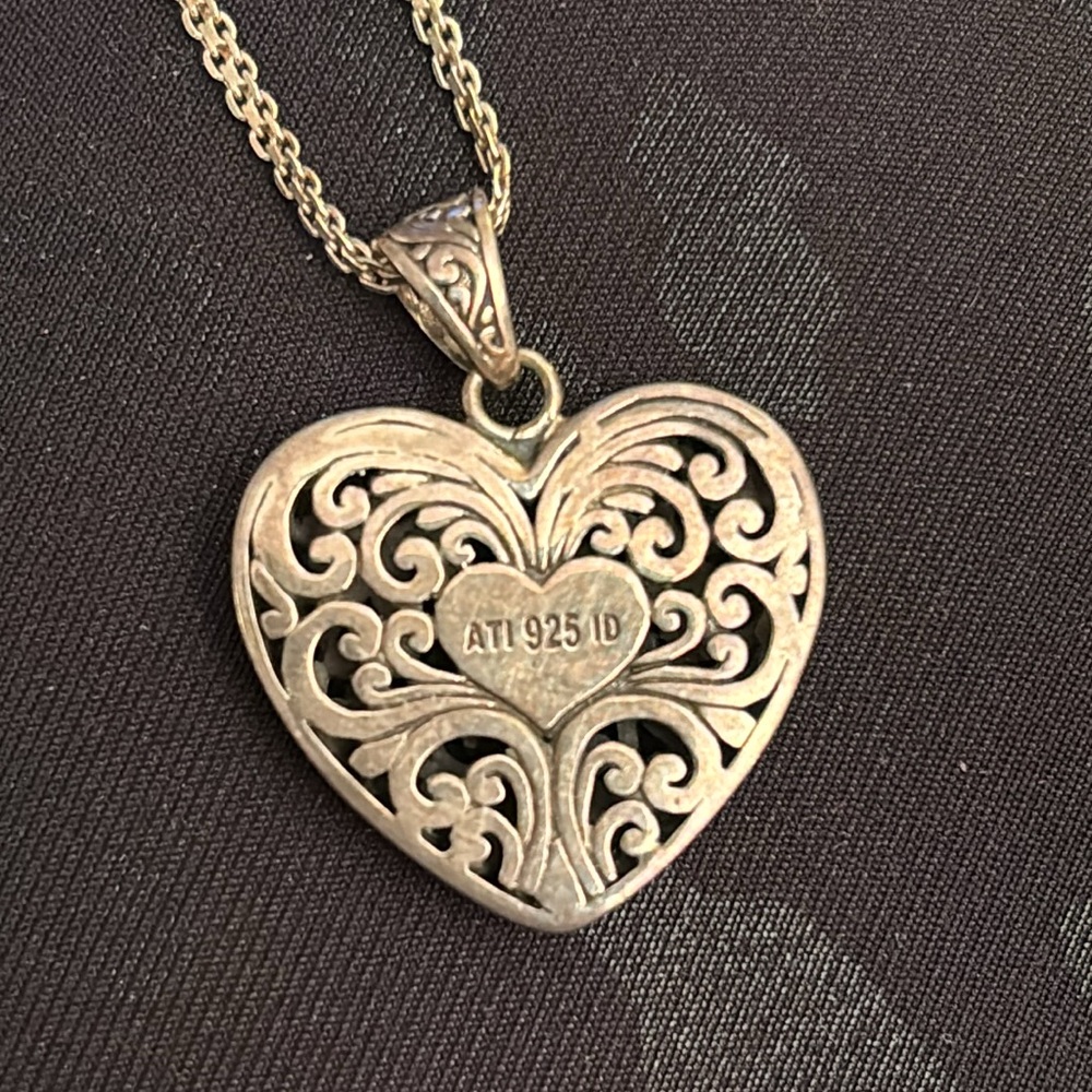 Vintage 925 Italy Sterling Silver Scroll Heart Pendant & Necklace, 21” - Picture 5 of 7